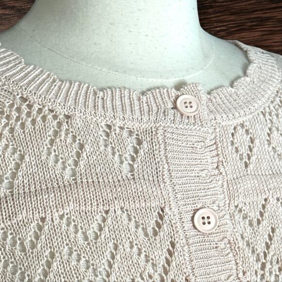 Mabel Lacy Knit Cropped Cardigan Sweater Sz L Ivory Button Up w Balloon Sleeves - Picture 4 of 10